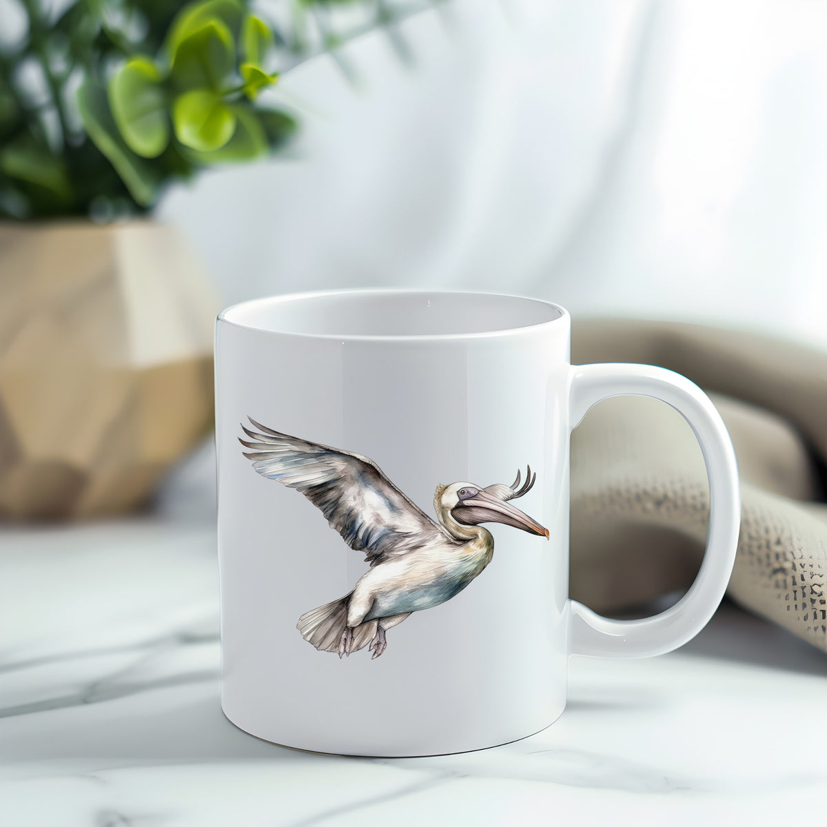 Pale Blue Pelican UV DTF sticker applied to a white coffee mug