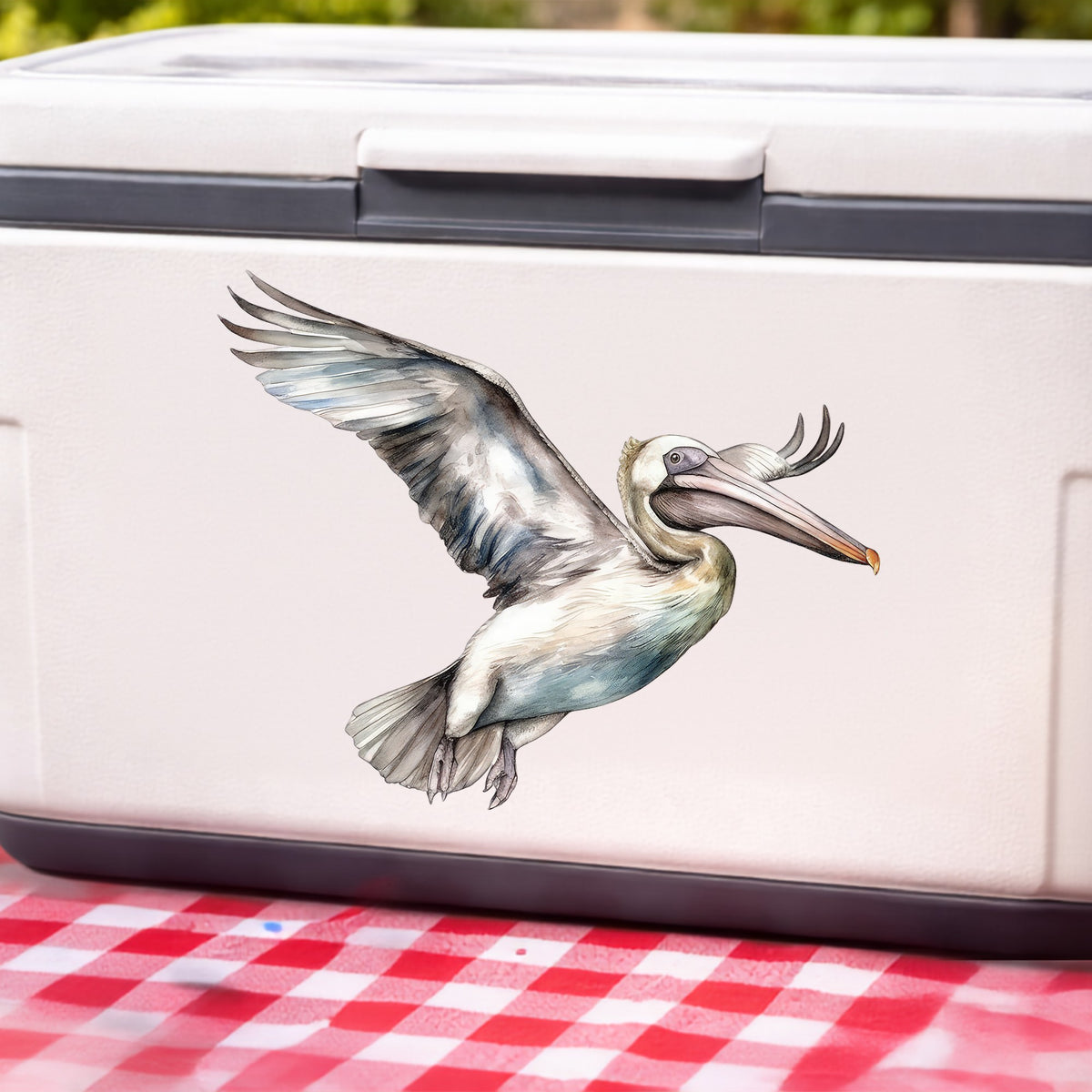 Pale Blue Pelican UV DTF sticker applied to a white cooler