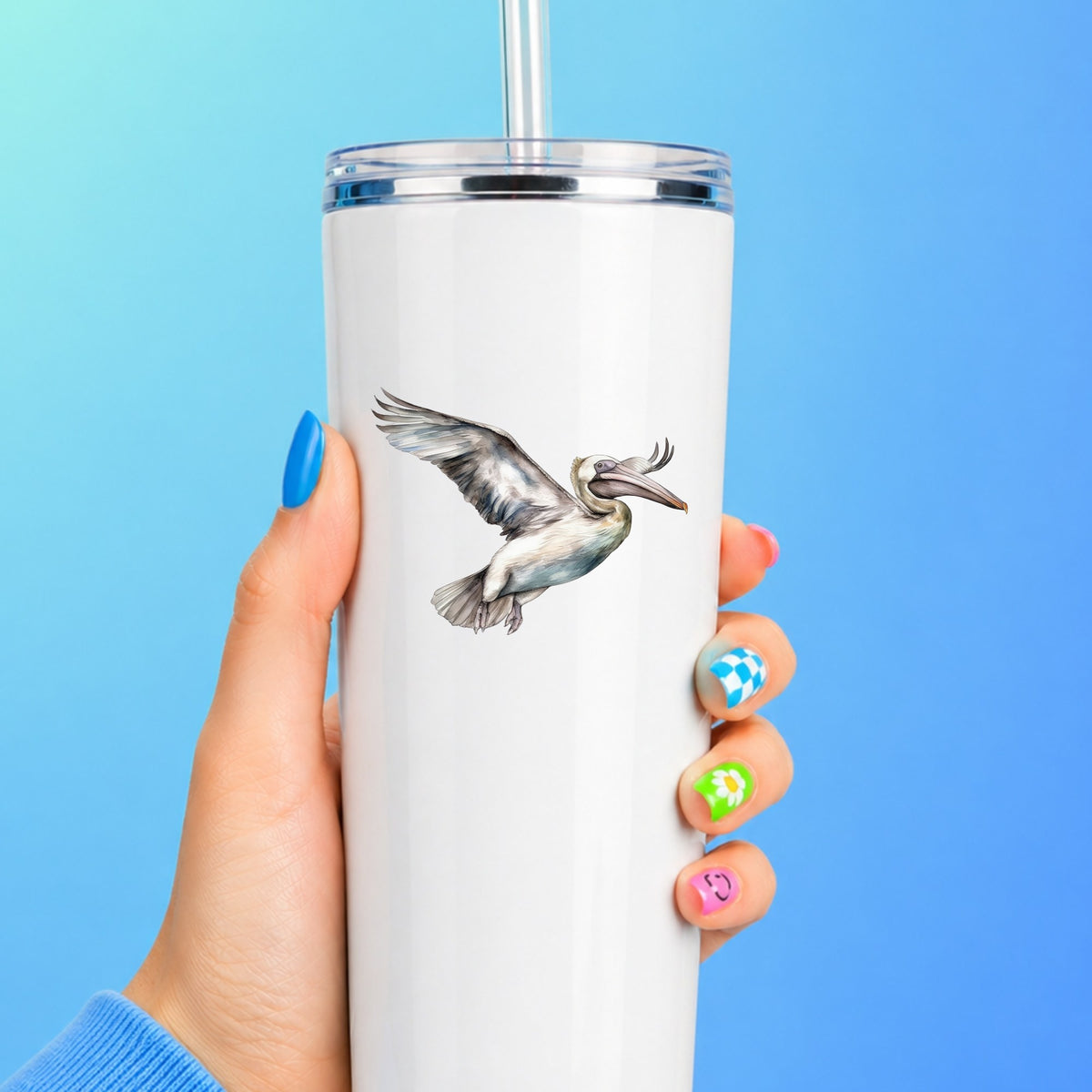 Pale Blue Pelican UV DTF sticker applied to a white tumbler