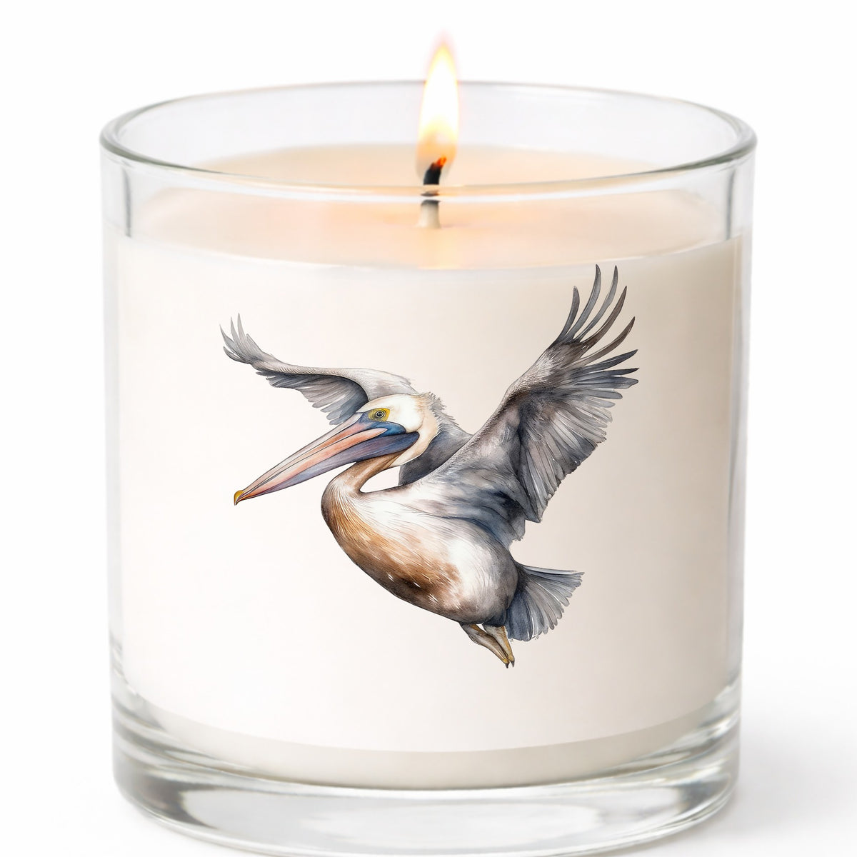Soaring Pelican UV DTF sticker applied to a candle jar