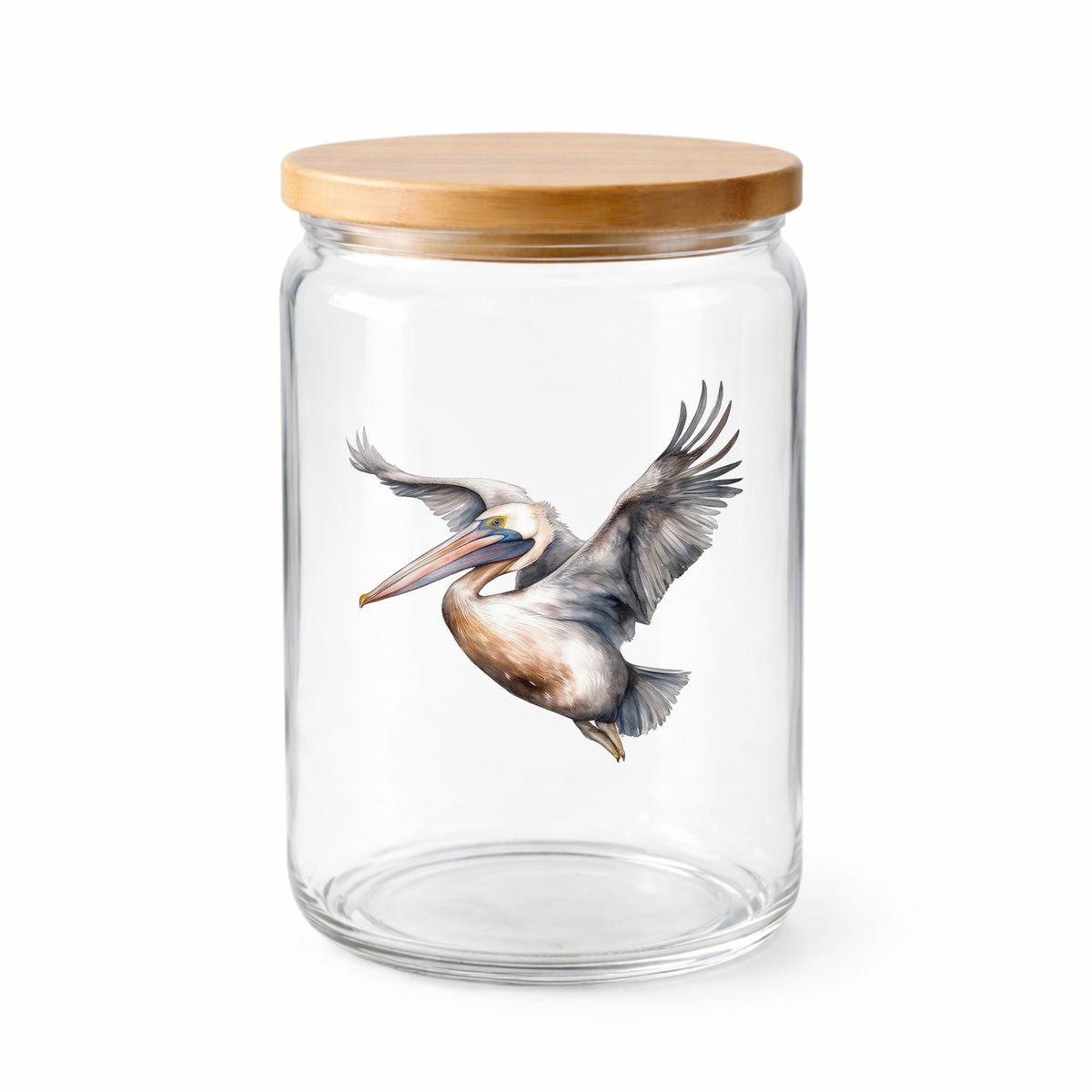 Soaring Pelican UV DTF sticker applied to a clear glass jar with lid
