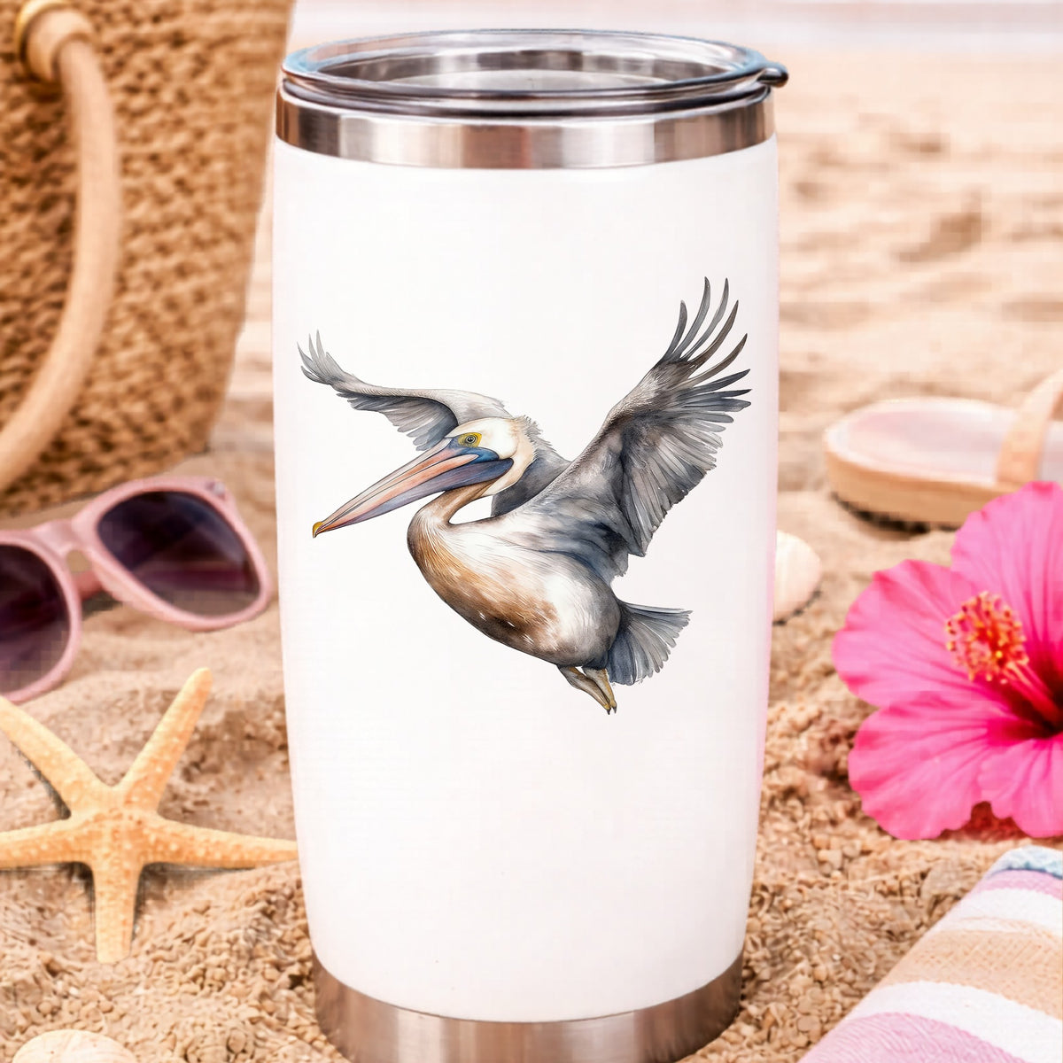 Soaring Pelican UV DTF sticker applied to a water bottle at the beach