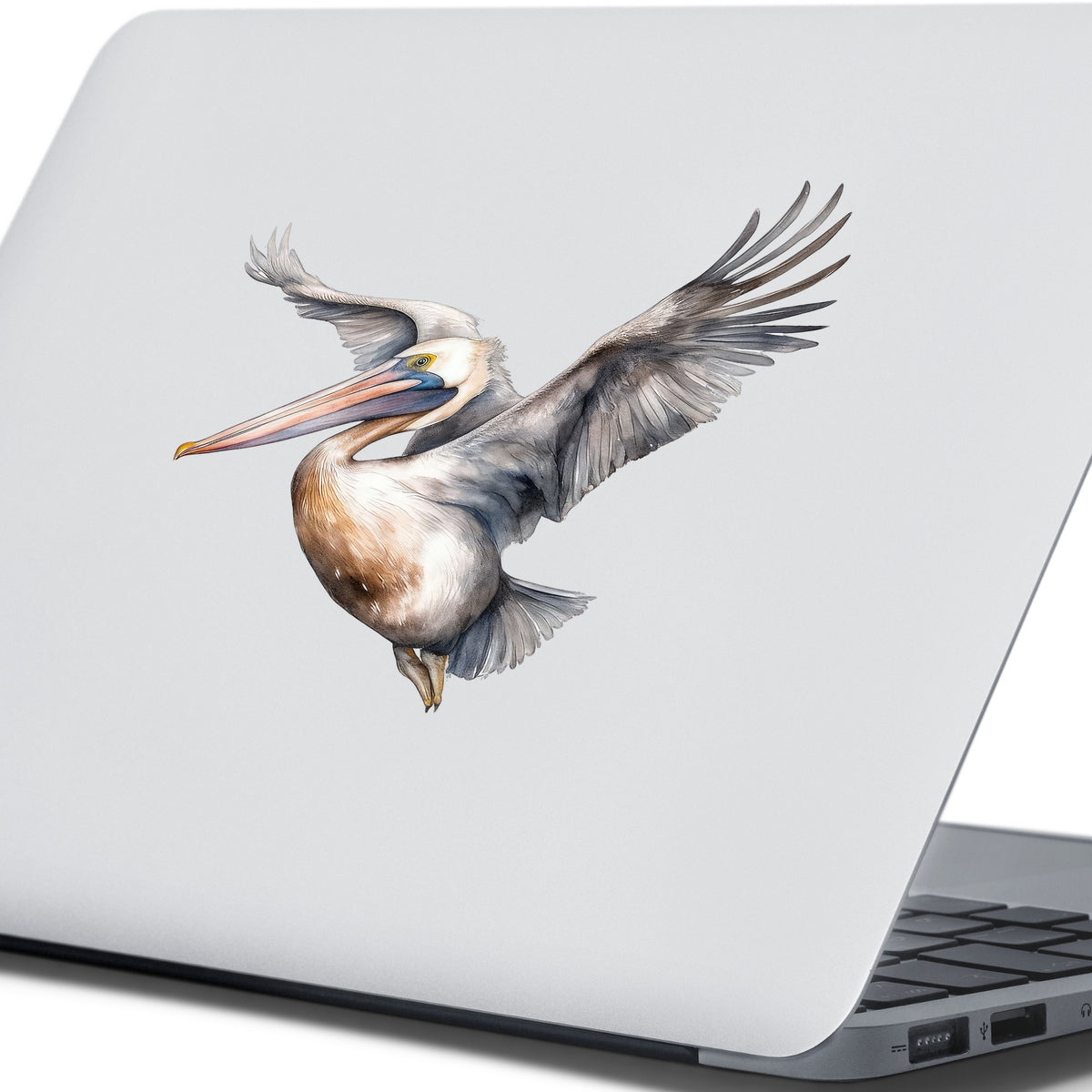 Soaring Pelican UV DTF sticker applied to a laptop