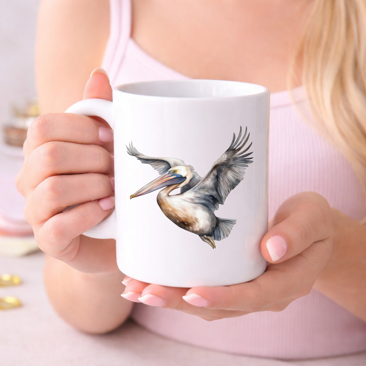 Soaring Pelican UV DTF sticker displayed on a white coffee mug