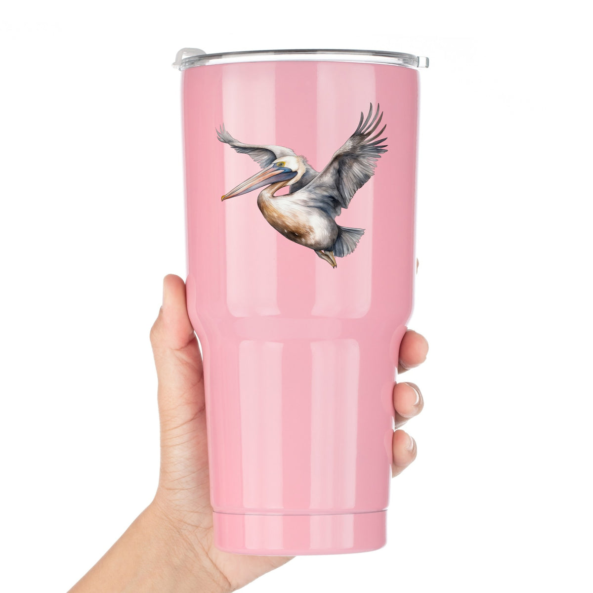 Soaring Pelican UV DTF sticker applied to a pink tumbler