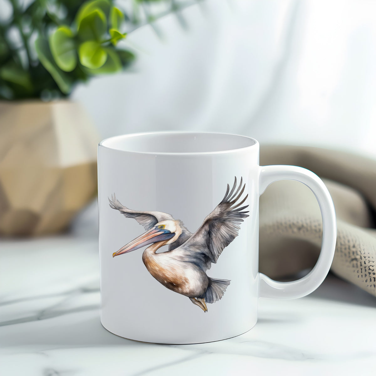 Soaring Pelican UV DTF sticker applied to a white coffee mug