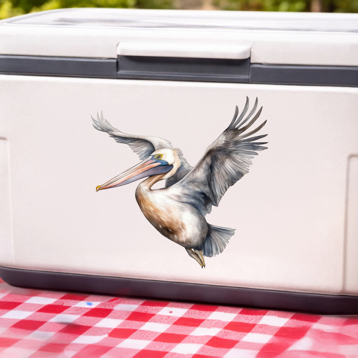 Soaring Pelican UV DTF sticker applied to a white cooler