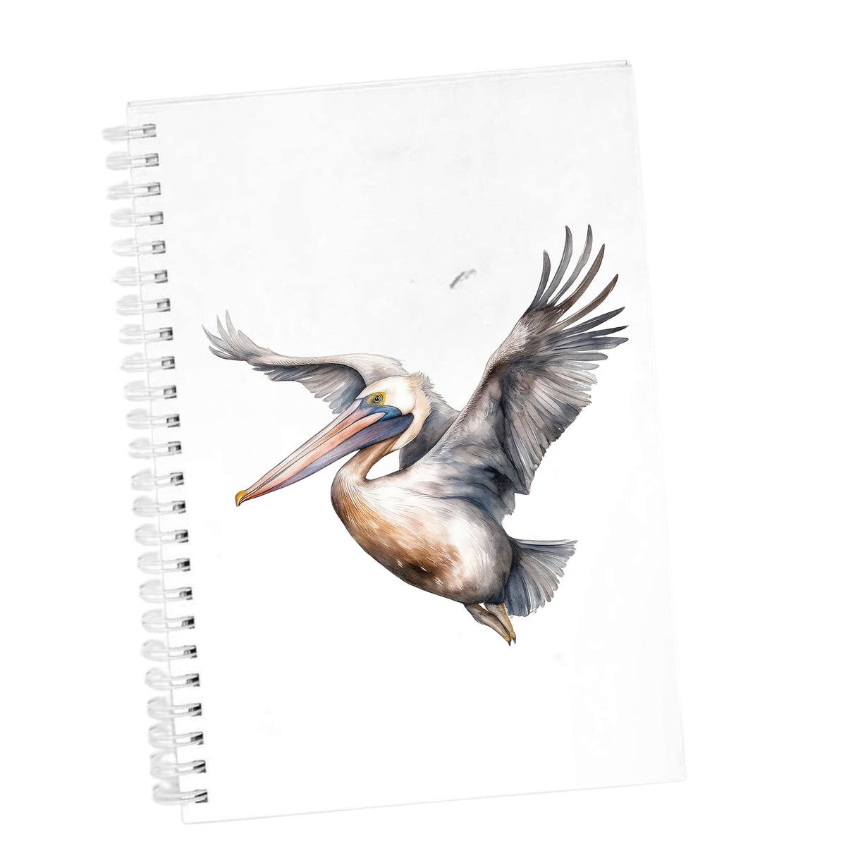 Soaring Pelican UV DTF sticker applied to a white journal