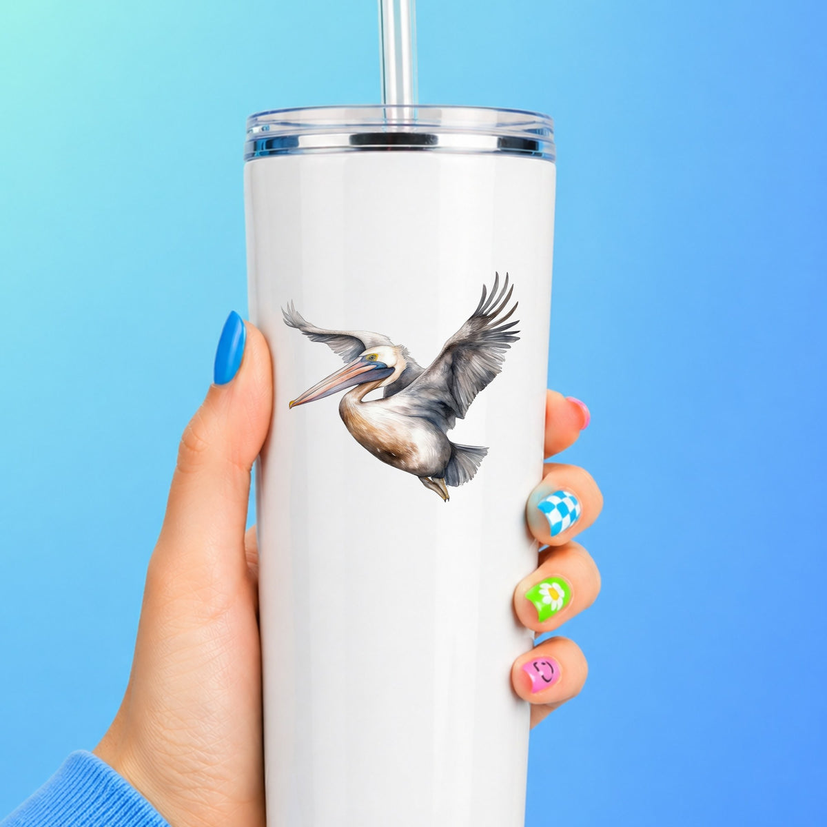 Soaring Pelican UV DTF sticker applied to a white tumbler