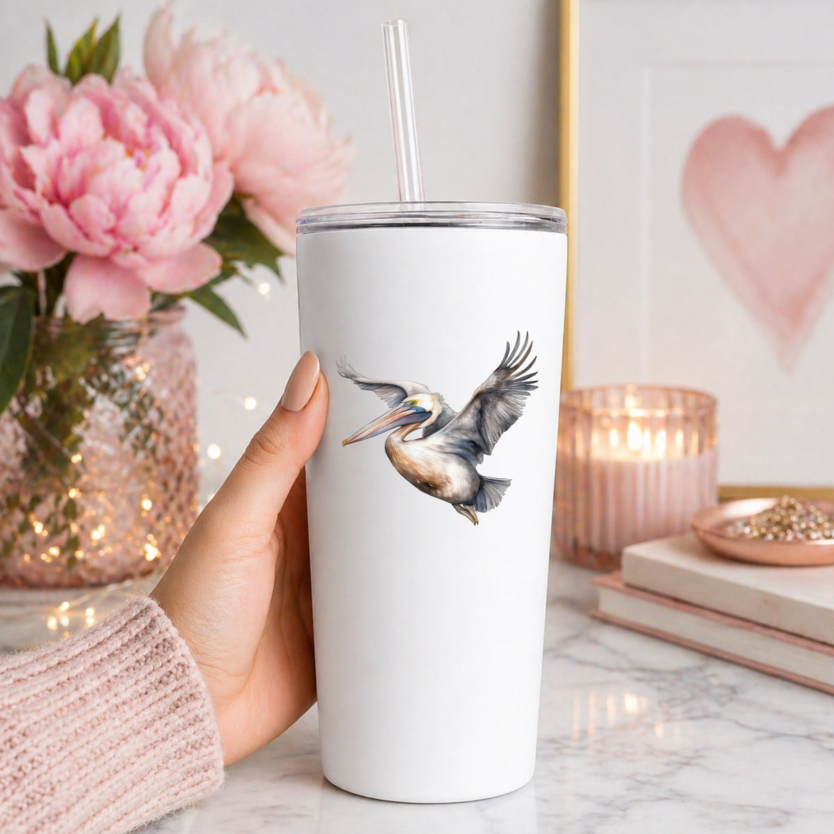 Soaring Pelican UV DTF sticker applied to a white tumbler