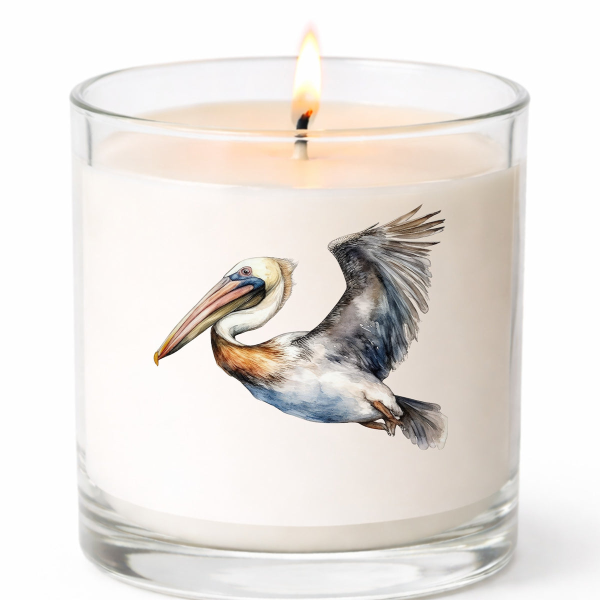 Wide Winged Pelican UV DTF sticker applied to a candle jar