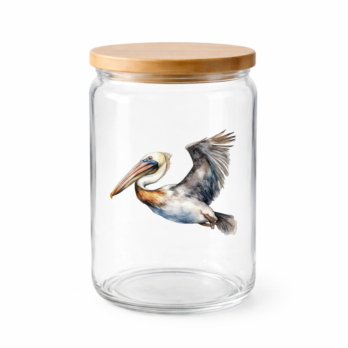 Wide Winged Pelican UV DTF sticker applied to a clear glass jar with lid