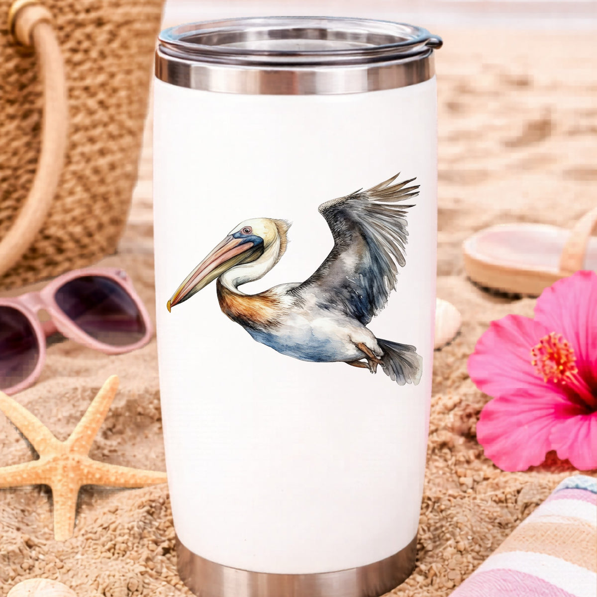 Wide Winged Pelican UV DTF sticker applied to a water bottle at the beach