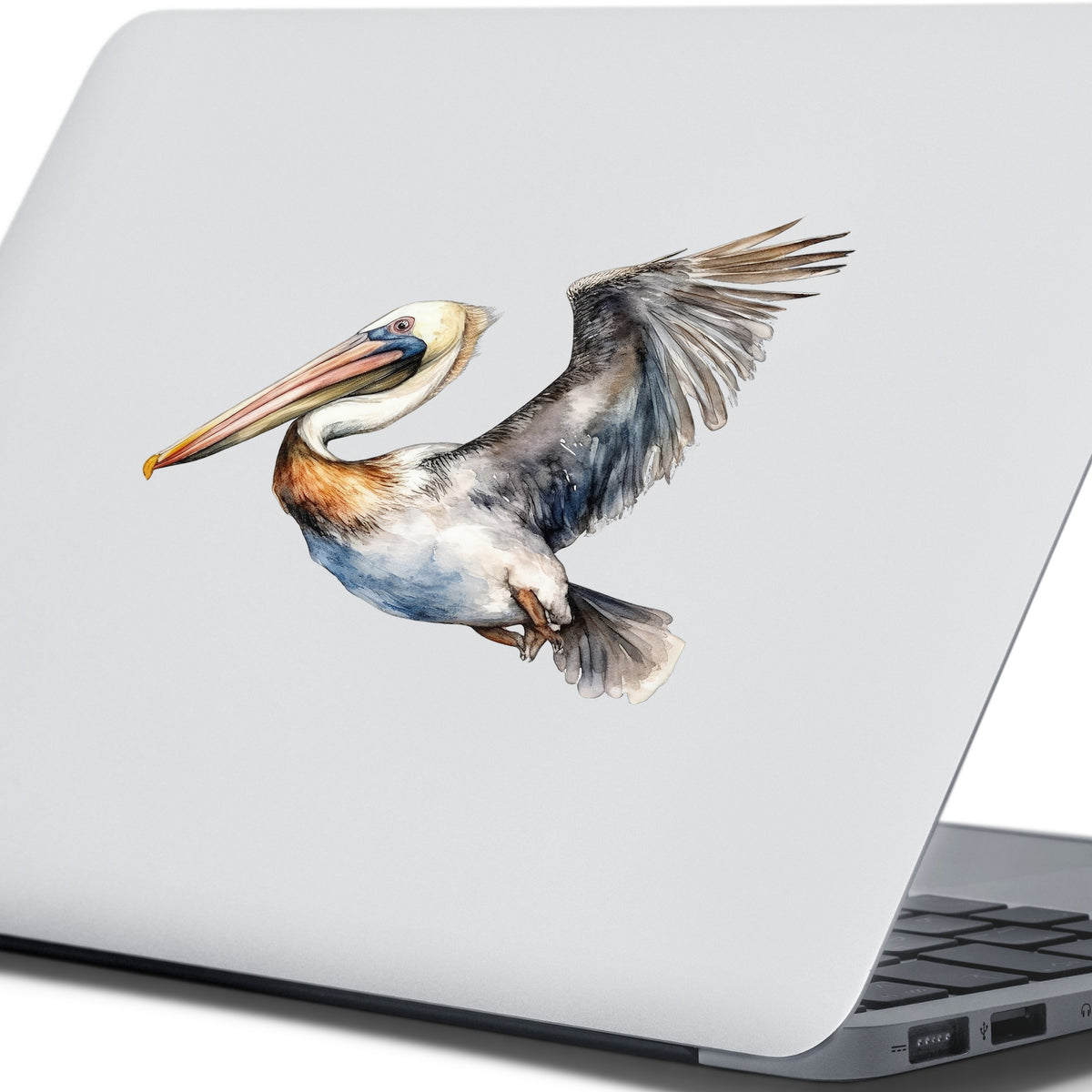 Wide Winged Pelican UV DTF sticker applied to a laptop