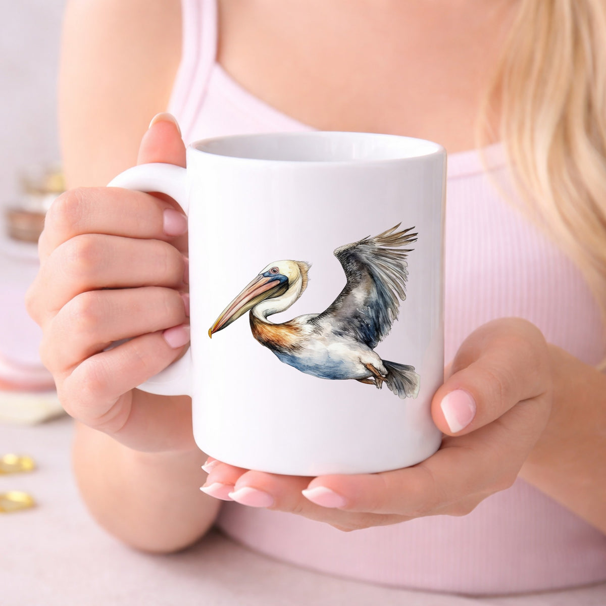 Wide Winged Pelican UV DTF sticker displayed on a white coffee mug