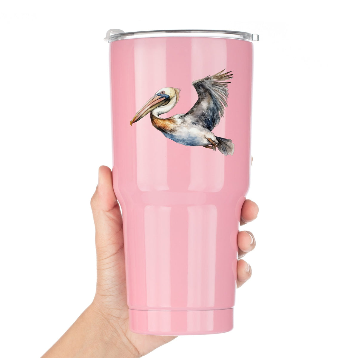 Wide Winged Pelican UV DTF sticker applied to a pink tumbler