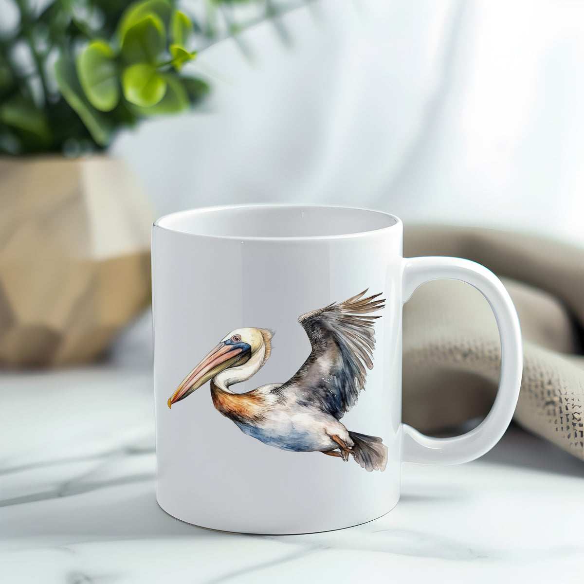Wide Winged Pelican UV DTF sticker applied to a white coffee mug