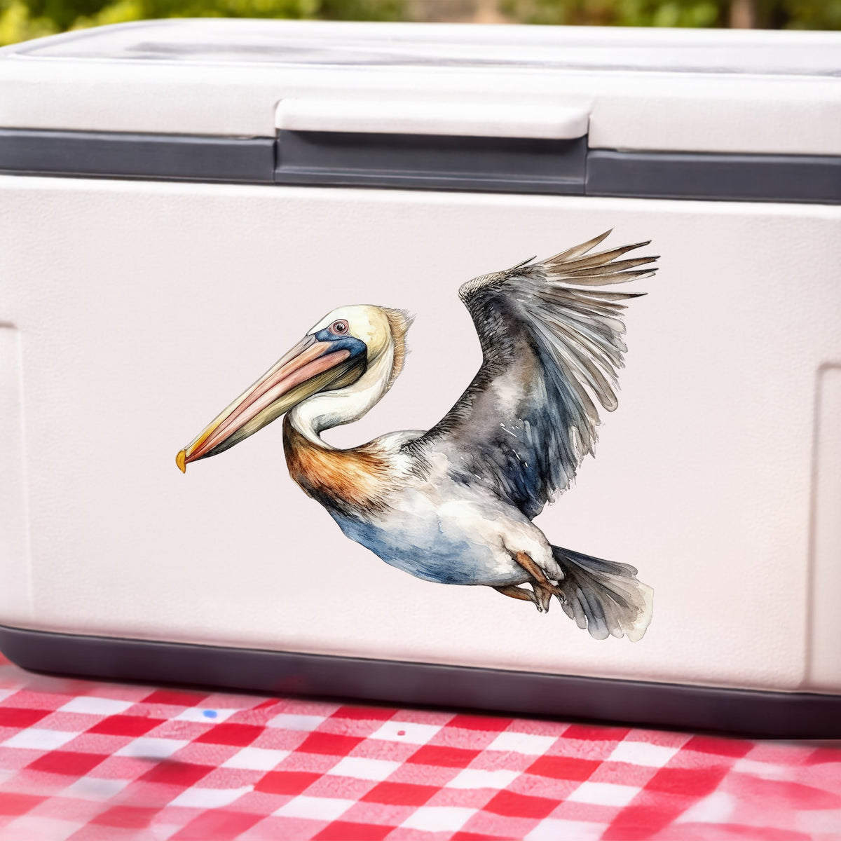 Wide Winged Pelican UV DTF sticker applied to a white cooler
