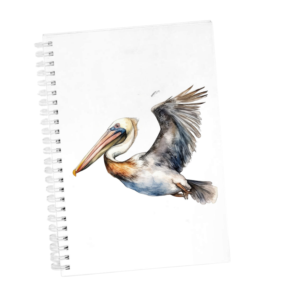 Wide Winged Pelican UV DTF sticker applied to a white journal