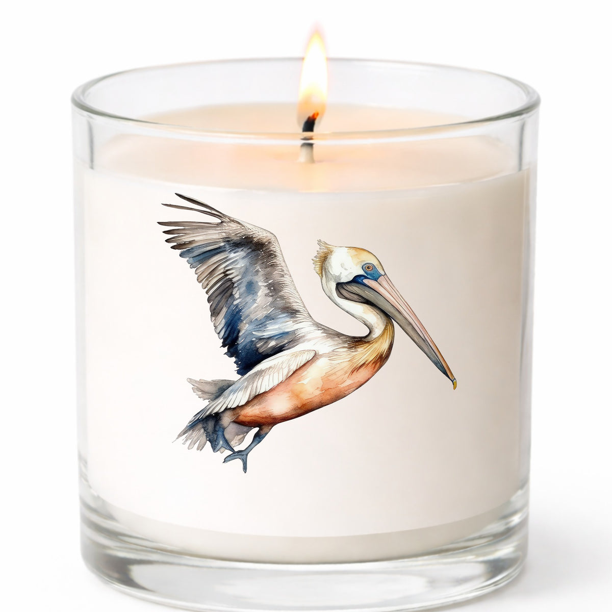 Blue Winged Pelican UV DTF sticker applied to a candle jar