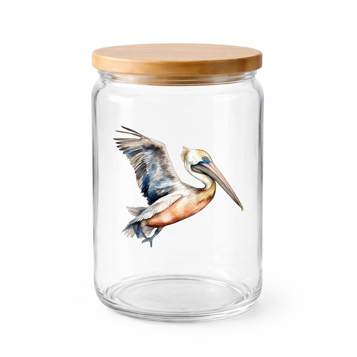 Blue Winged Pelican UV DTF sticker applied to a clear glass jar with lid