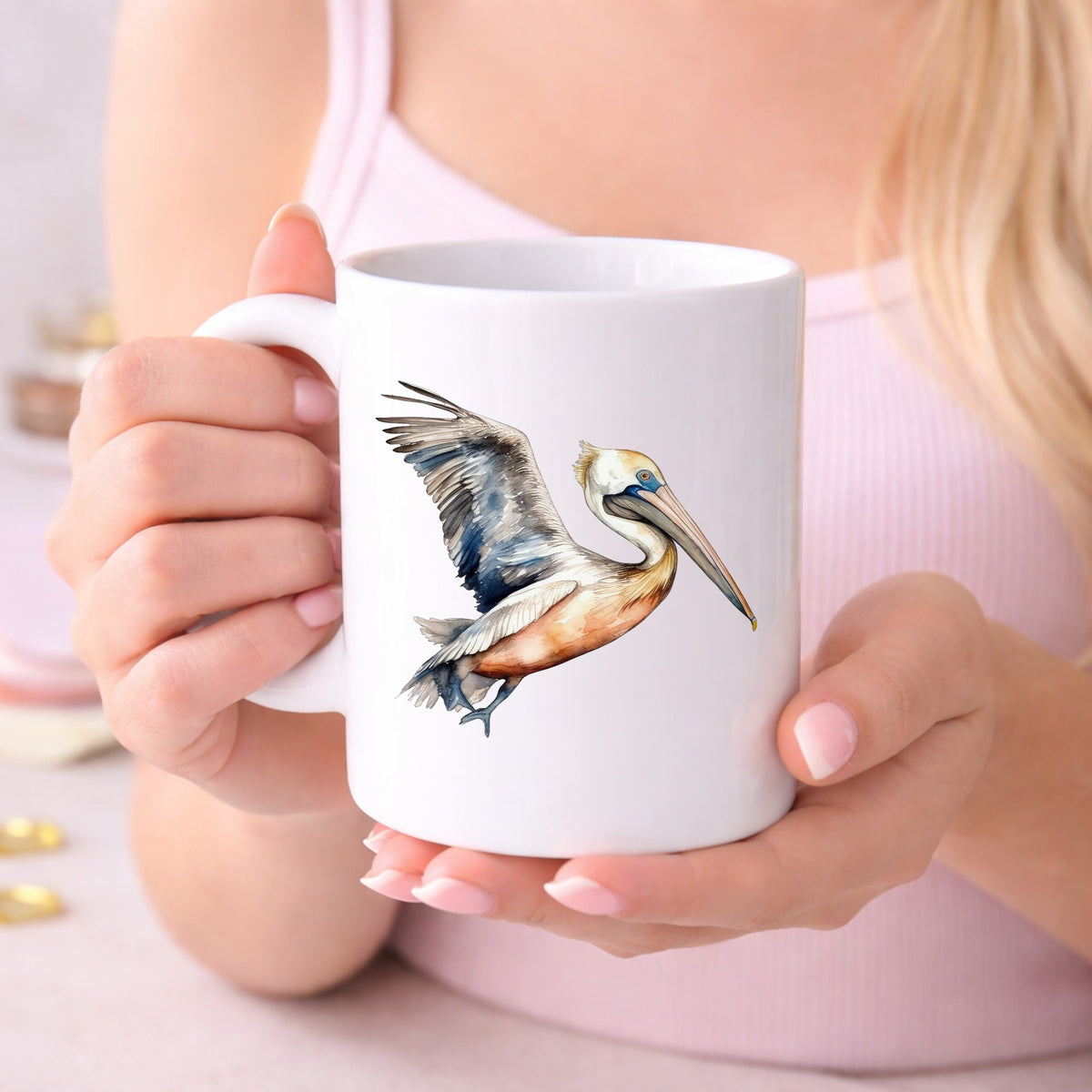 Blue Winged Pelican UV DTF sticker displayed on a white coffee mug