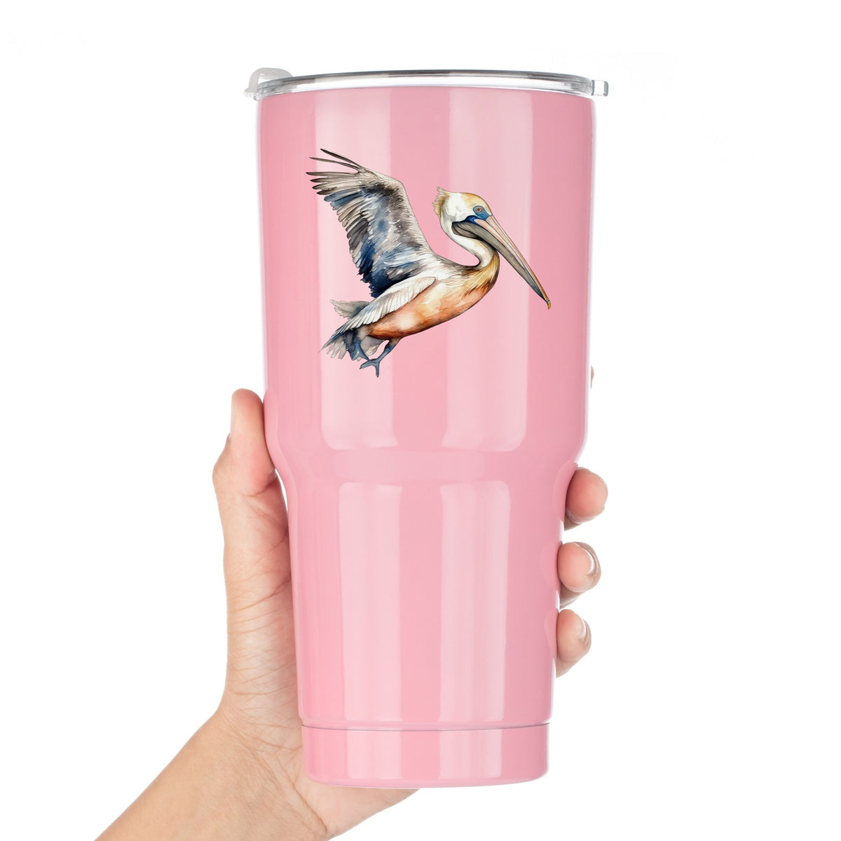 Blue Winged Pelican UV DTF sticker applied to a pink tumbler