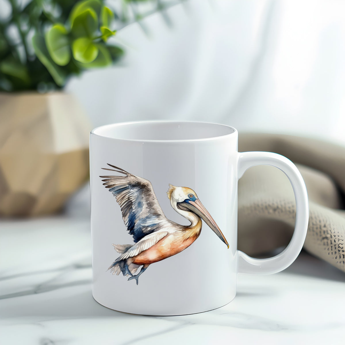 Blue Winged Pelican UV DTF sticker applied to a white coffee mug