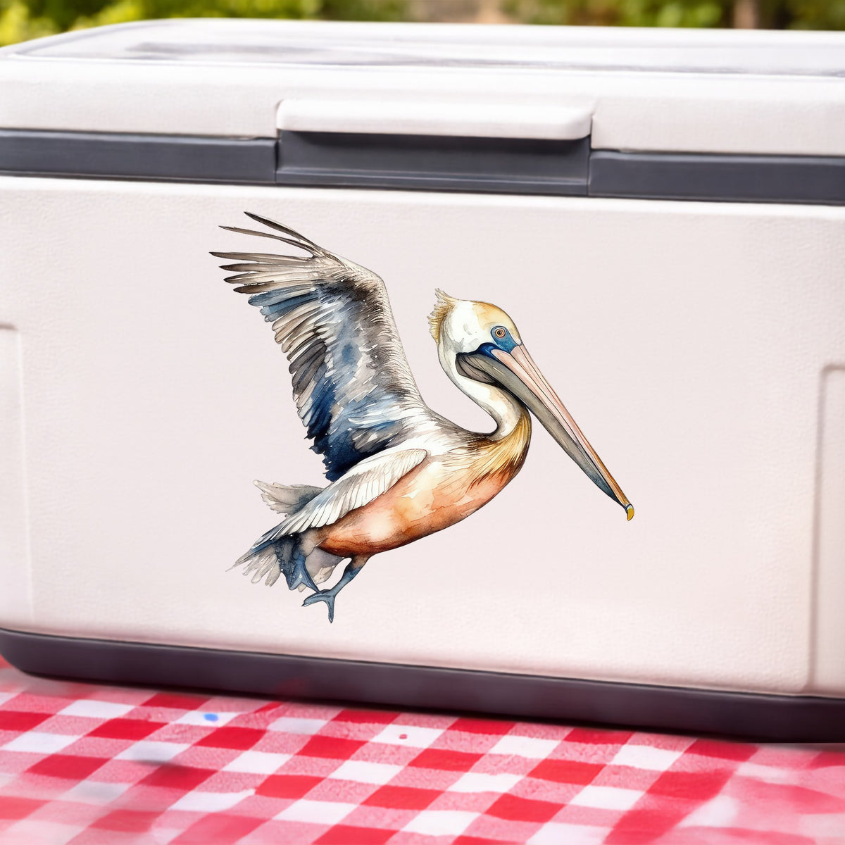 Blue Winged Pelican UV DTF sticker applied to a white cooler