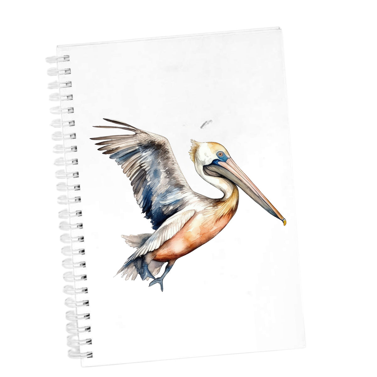 Blue Winged Pelican UV DTF sticker applied to a white journal