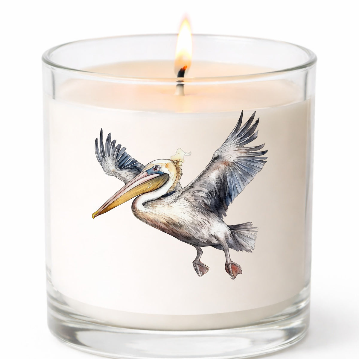 Pelican Taking Flight UV DTF sticker applied to a candle jar