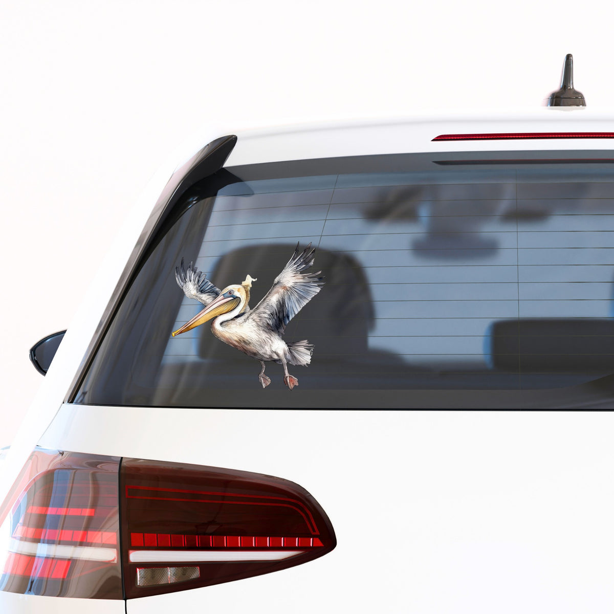 Pelican Taking Flight UV DTF sticker applied to a car window
