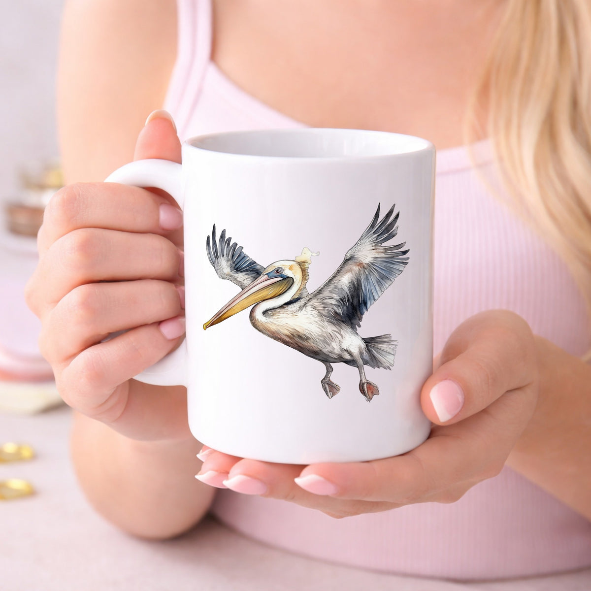 Pelican Taking Flight UV DTF sticker displayed on a white coffee mug