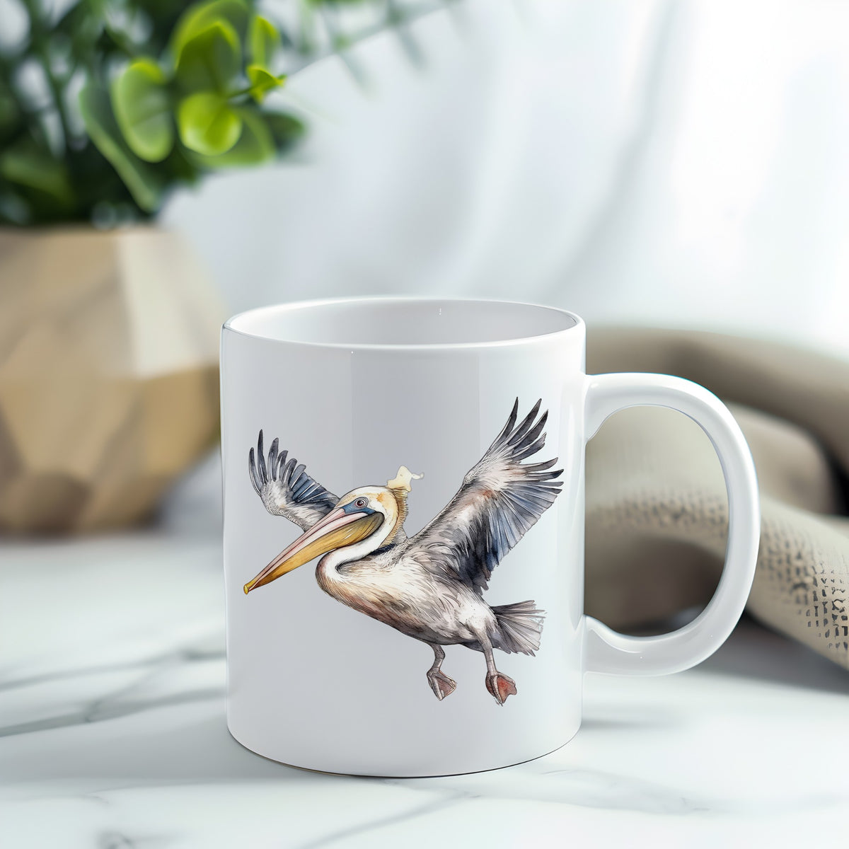 Pelican Taking Flight UV DTF sticker applied to a white coffee mug