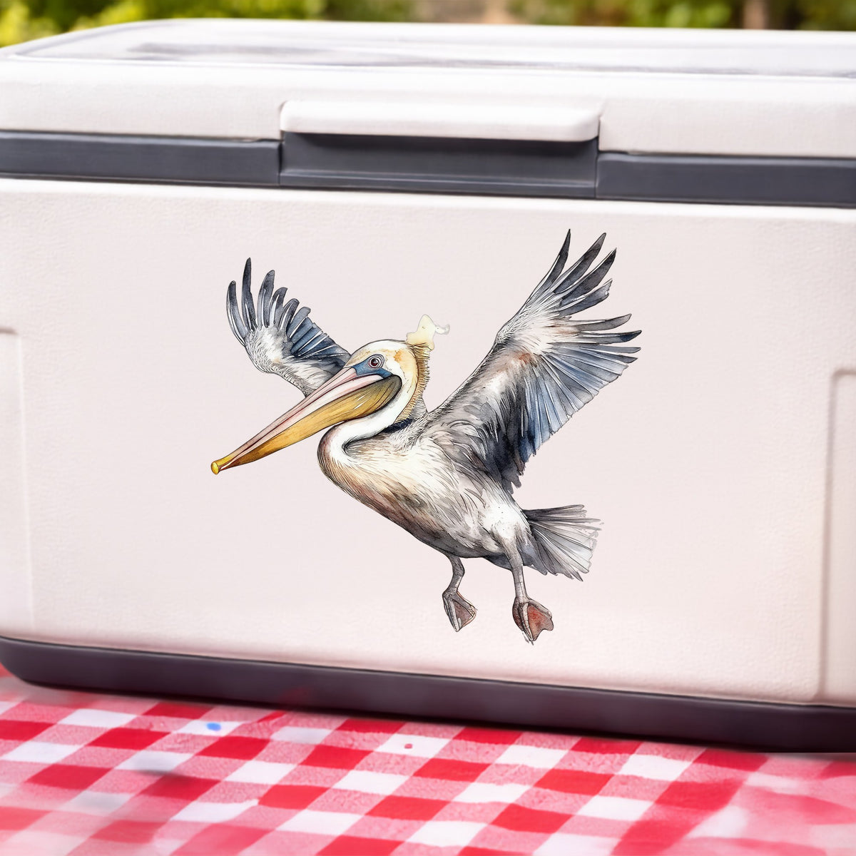 Pelican Taking Flight UV DTF sticker applied to a white cooler