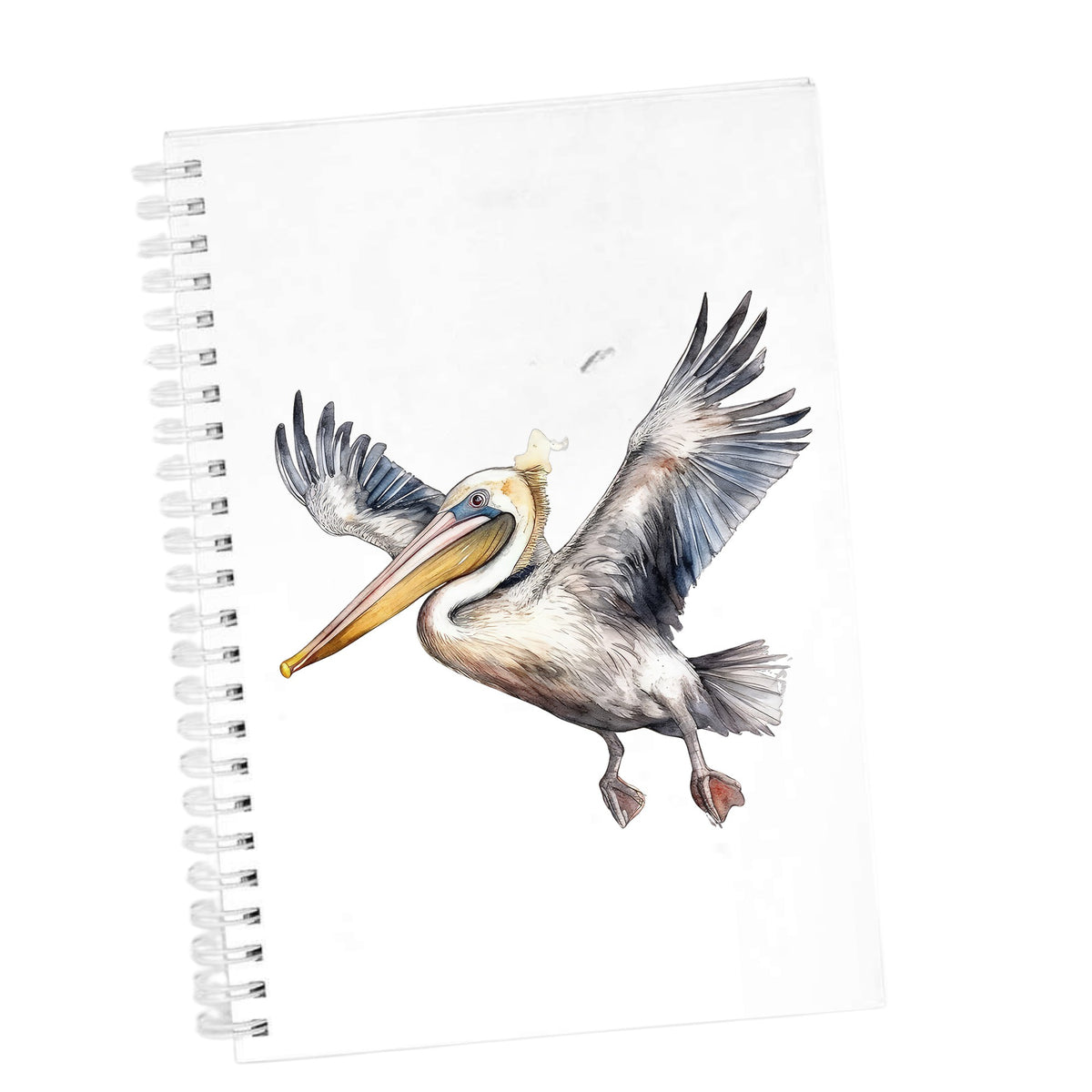 Pelican Taking Flight UV DTF sticker applied to a white journal