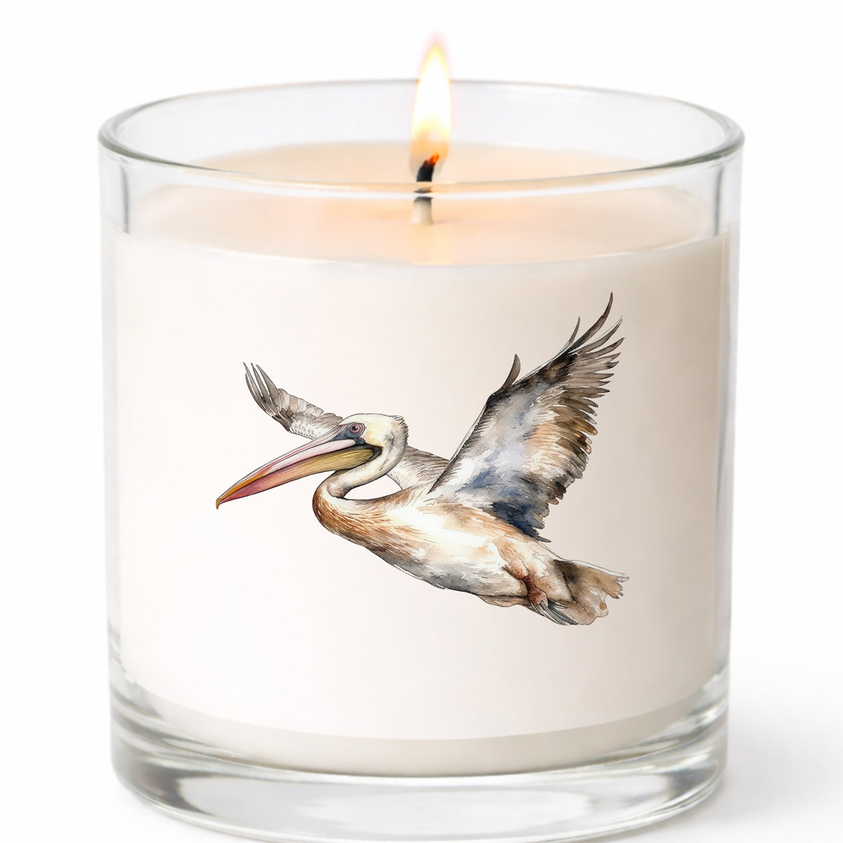 Coastal Pelican In Flight UV DTF sticker applied to a candle jar