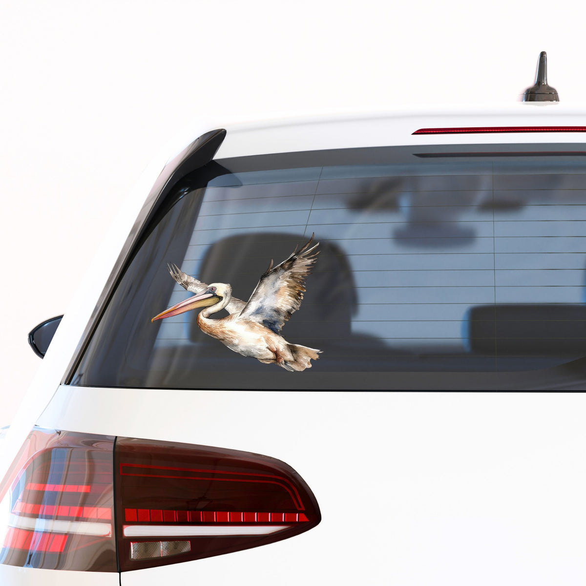 Coastal Pelican In Flight UV DTF sticker applied to a car window