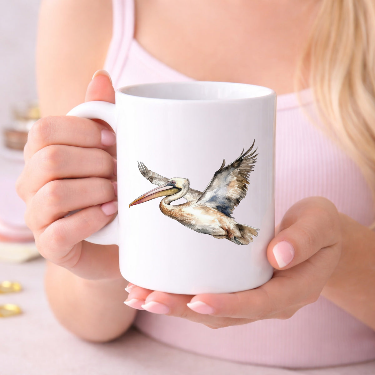 Coastal Pelican In Flight UV DTF sticker displayed on a white coffee mug