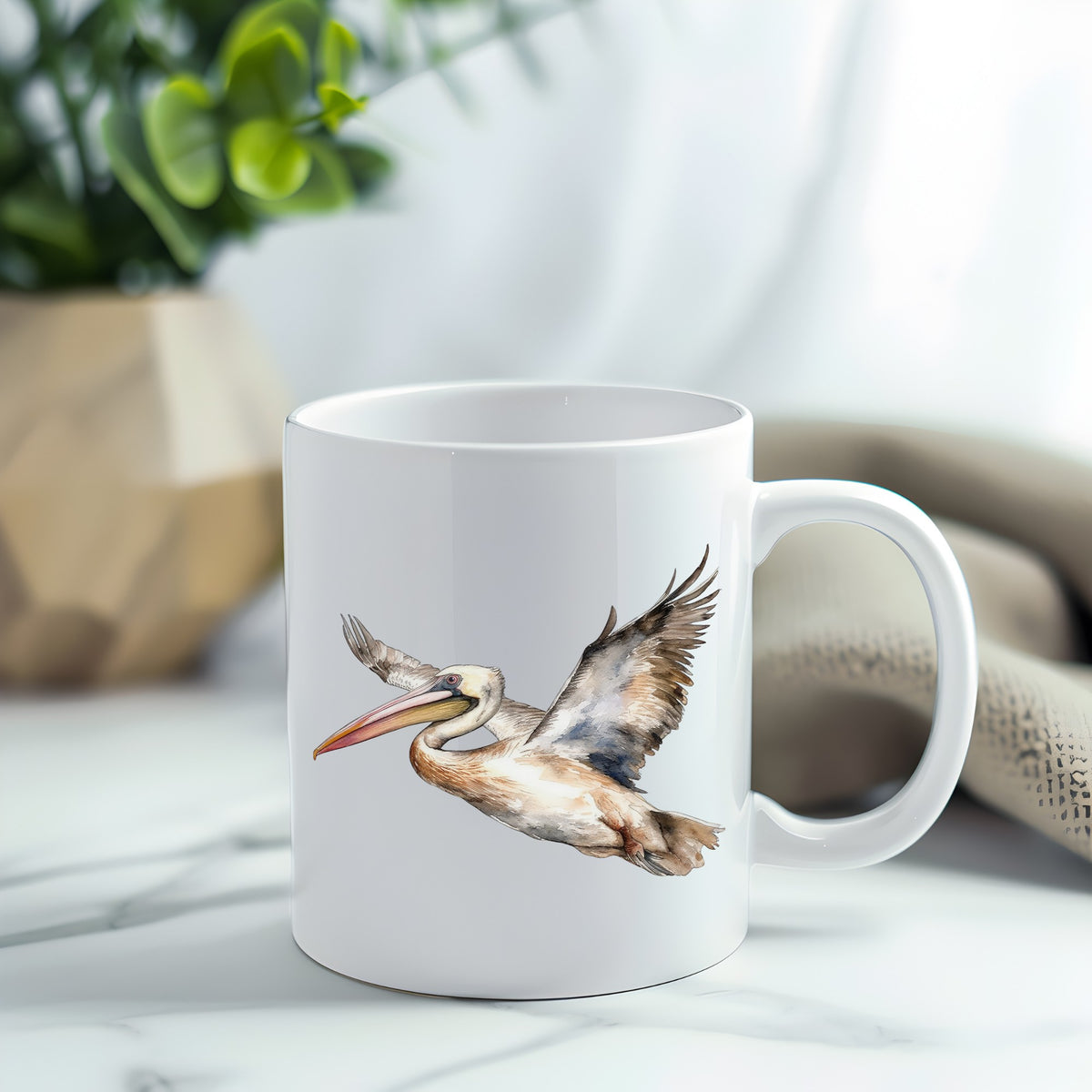 Coastal Pelican In Flight UV DTF sticker applied to a white coffee mug