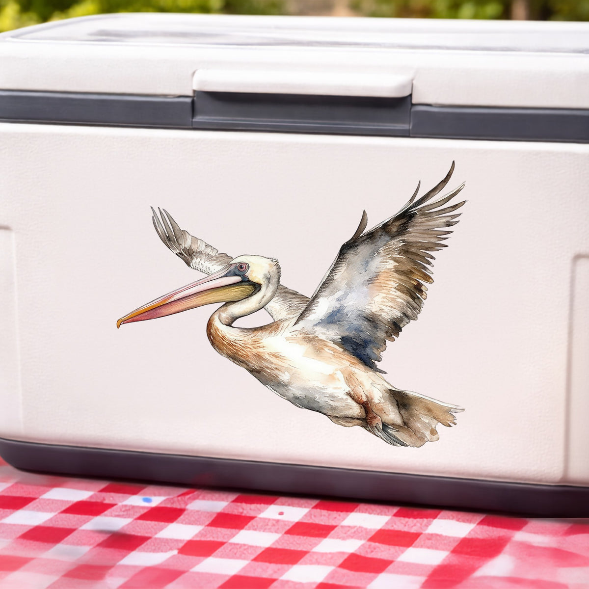 Coastal Pelican In Flight UV DTF sticker applied to a white cooler