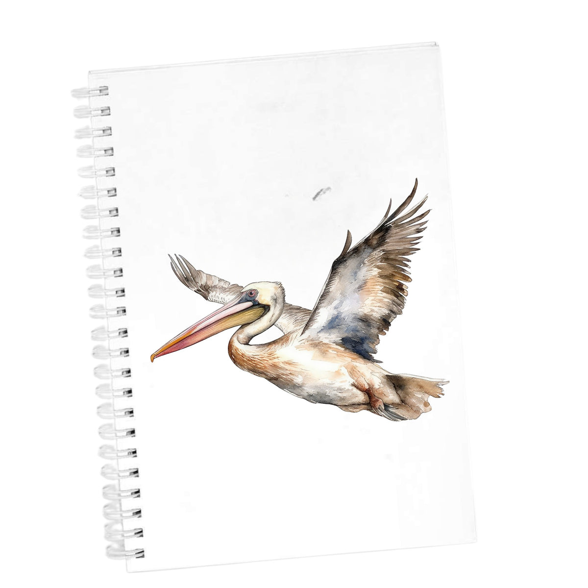 Coastal Pelican In Flight UV DTF sticker applied to a white journal