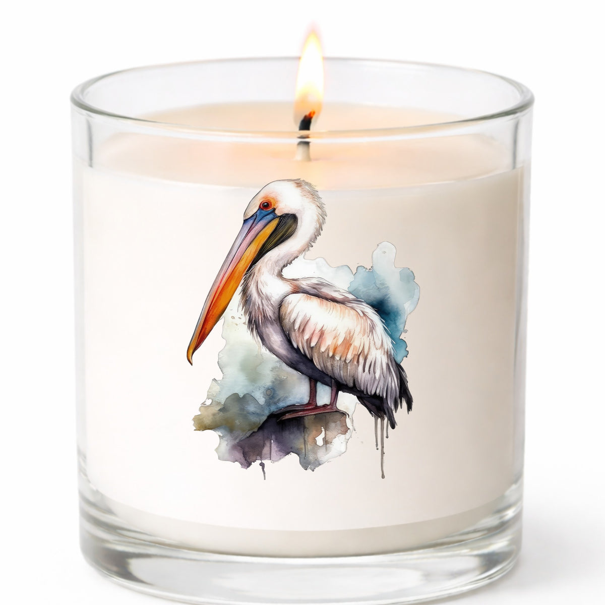 Teal Splash Pelican UV DTF sticker applied to a candle jar