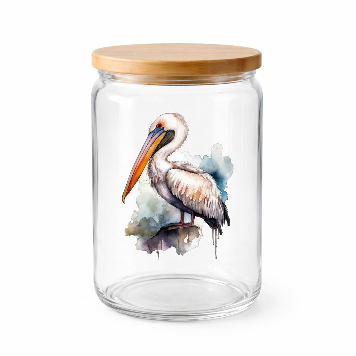 Teal Splash Pelican UV DTF sticker applied to a clear glass jar with lid