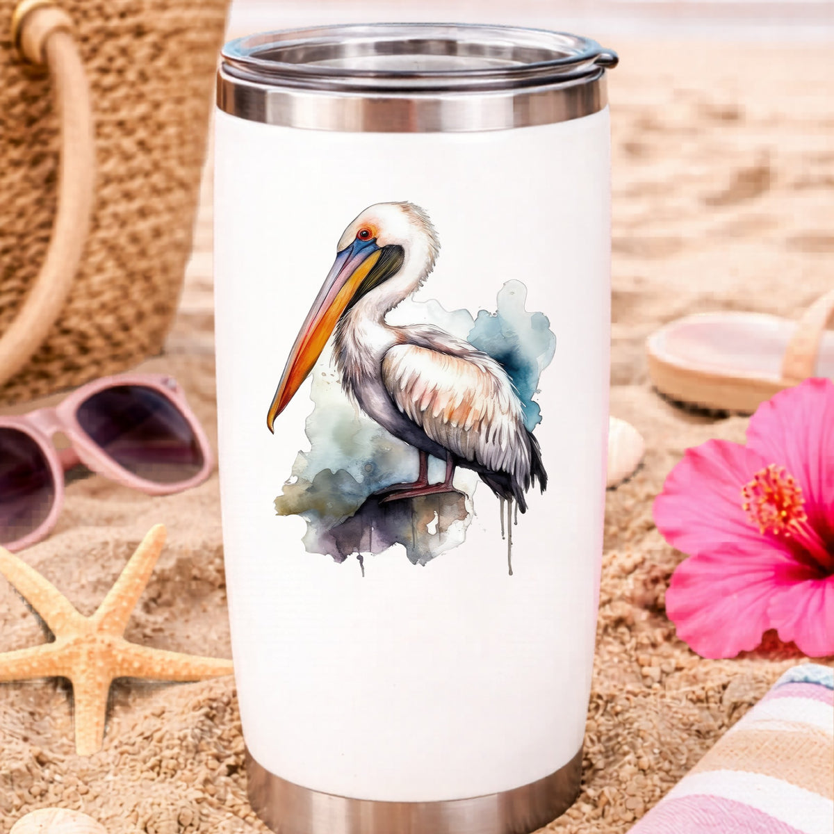 Teal Splash Pelican UV DTF sticker applied to a water bottle at the beach