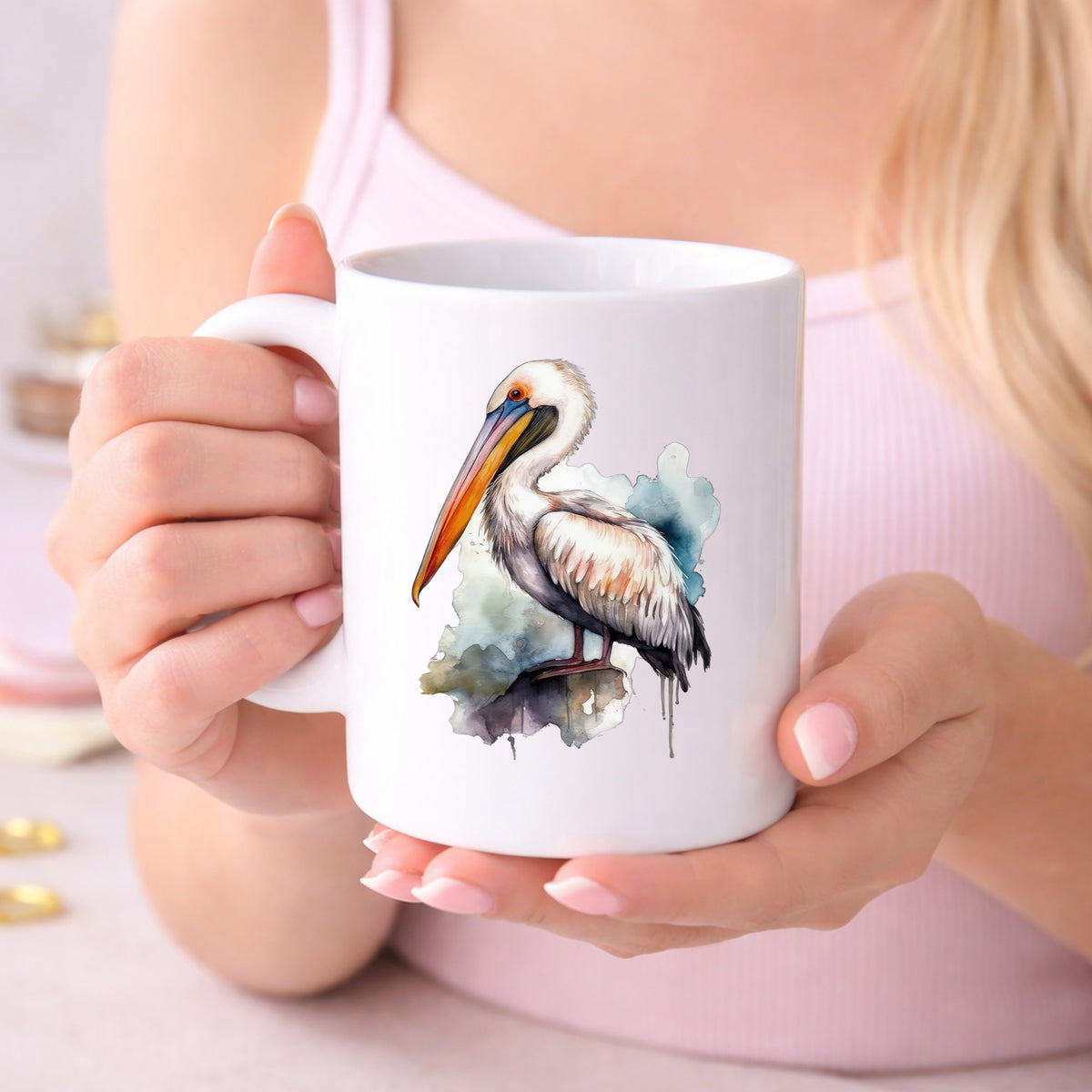 Teal Splash Pelican UV DTF sticker displayed on a white coffee mug