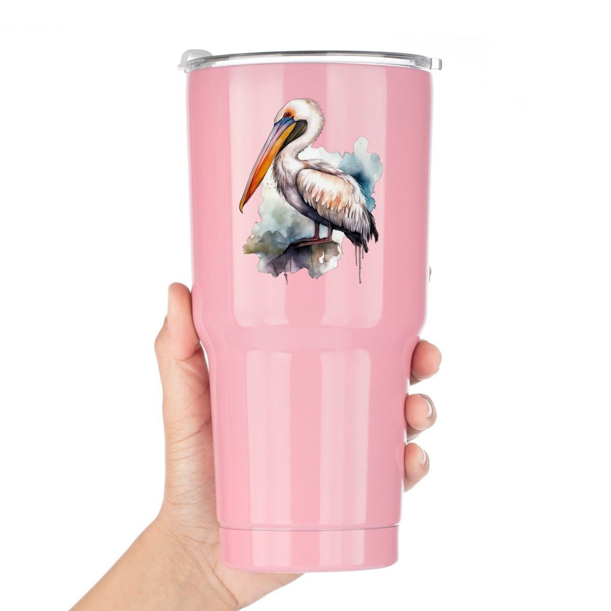 Teal Splash Pelican UV DTF sticker applied to a pink tumbler