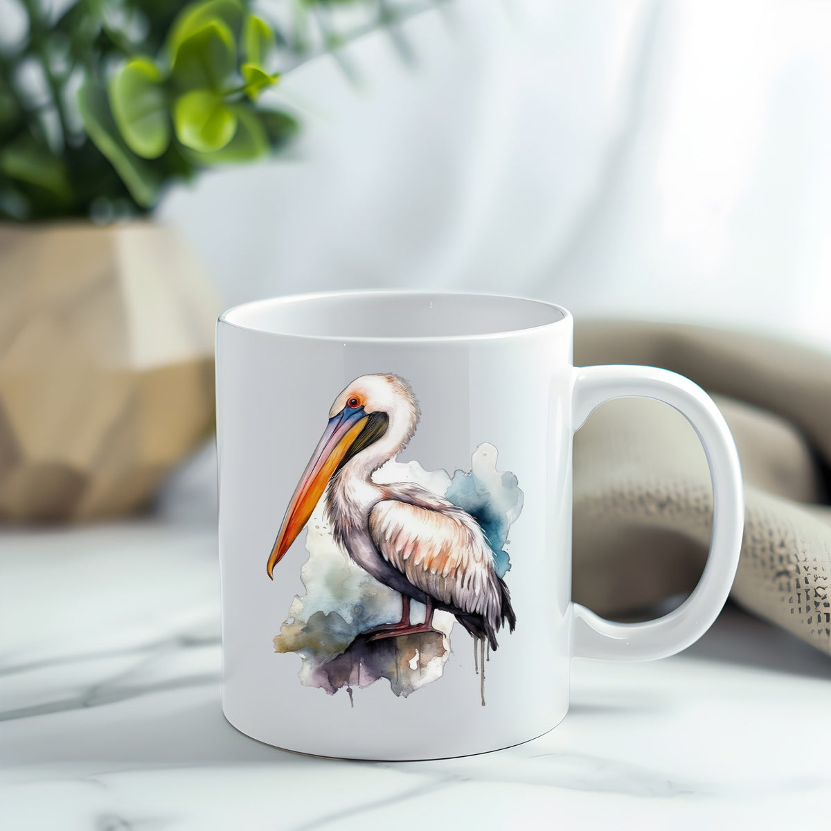 Teal Splash Pelican UV DTF sticker applied to a white coffee mug