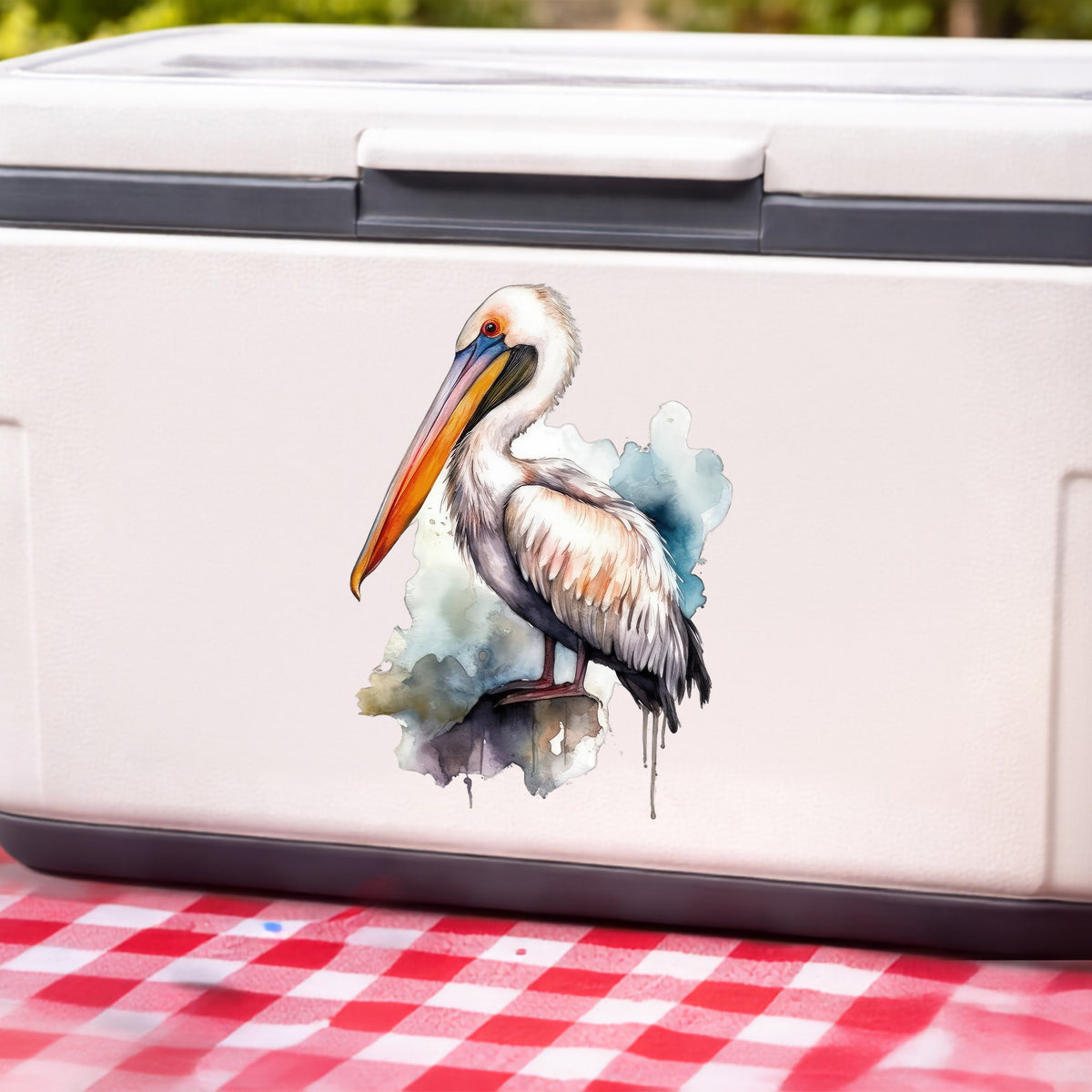 Teal Splash Pelican UV DTF sticker applied to a white cooler