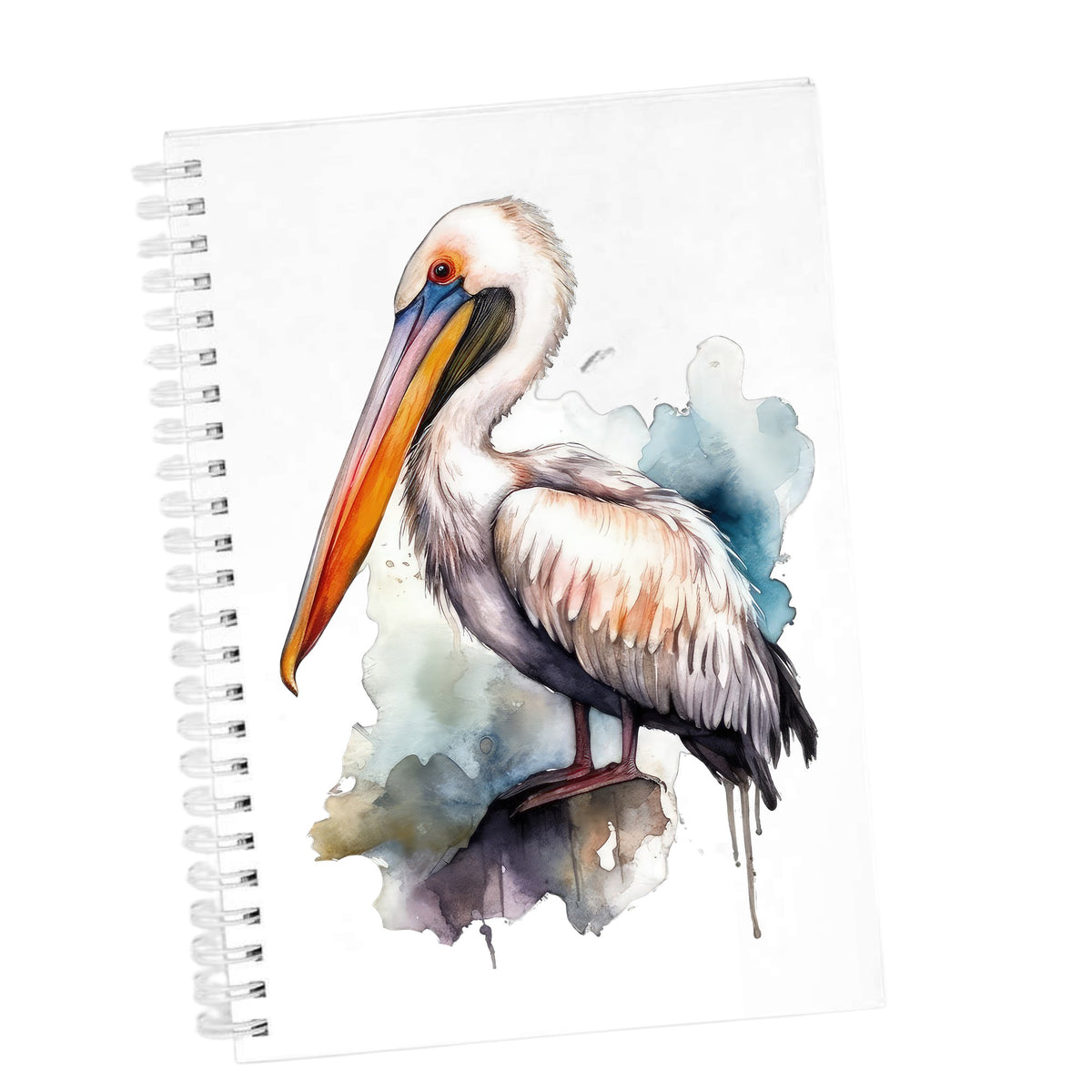 Teal Splash Pelican UV DTF sticker applied to a white journal